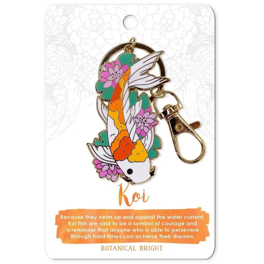 Koi Fish & Lily Pad Enamel Keychain with Key Clip - Gold Plated Nature Accessory